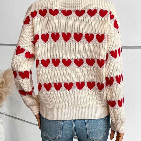 Heart Round Neck Dropped Shoulder Sweater NWT - Picture 3 of 8
